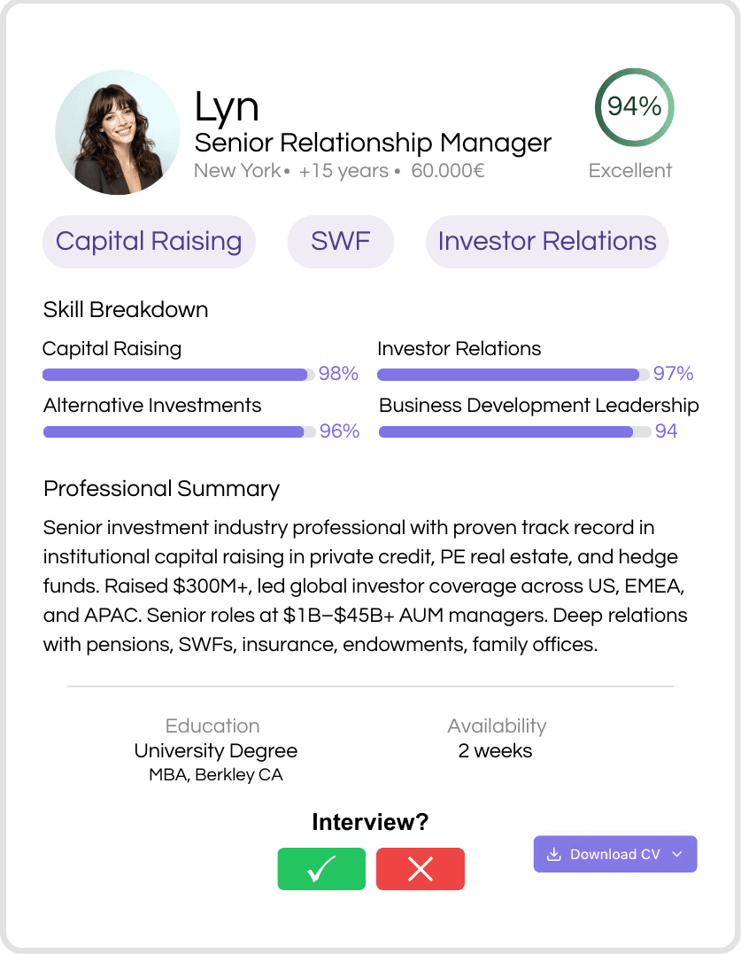 Matching card showing Senior Relationship Manager profile